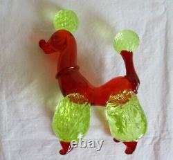 Vtg MURANO Dog POODLE Figurine RED & YELLOW Vaseline ART GLASS Figurine MCM Huge