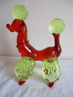 Vtg MURANO Dog POODLE Figurine RED & YELLOW Vaseline ART GLASS Figurine MCM Huge