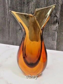 Vtg MURANO FORMIA Fishtail SOMMERSO Vase 9.5 Italy Submerged Glass Amber Label