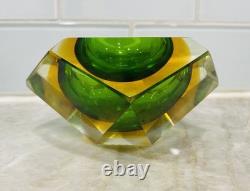 Vtg MURANO Faceted Green Amber Diamond Geometric SOMMERSO Art Glass Trinket Bowl