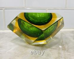 Vtg MURANO Faceted Green Amber Diamond Geometric SOMMERSO Art Glass Trinket Bowl