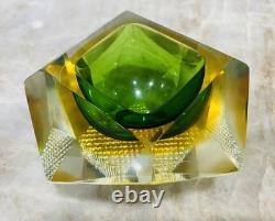 Vtg MURANO Faceted Green Amber Diamond Geometric SOMMERSO Art Glass Trinket Bowl