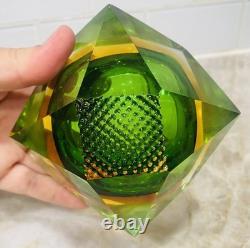 Vtg MURANO Faceted Green Amber Diamond Geometric SOMMERSO Art Glass Trinket Bowl