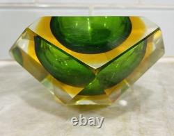 Vtg MURANO Faceted Green Amber Diamond Geometric SOMMERSO Art Glass Trinket Bowl