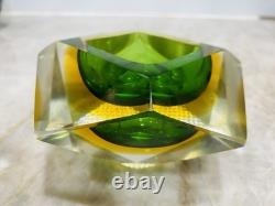 Vtg MURANO Faceted Green Amber Diamond Geometric SOMMERSO Art Glass Trinket Bowl