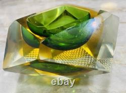 Vtg MURANO Faceted Green Amber Diamond Geometric SOMMERSO Art Glass Trinket Bowl