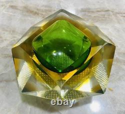 Vtg MURANO Faceted Green Amber Diamond Geometric SOMMERSO Art Glass Trinket Bowl
