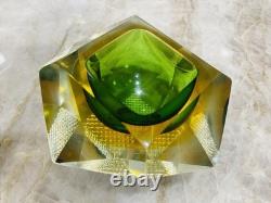 Vtg MURANO Faceted Green Amber Diamond Geometric SOMMERSO Art Glass Trinket Bowl