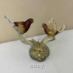 Vtg Murano Art Glass Love Birds on a Branch Sculpture Gold Amber 9T x 9W