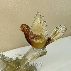 Vtg Murano Art Glass Love Birds on a Branch Sculpture Gold Amber 9T x 9W