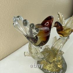 Vtg Murano Art Glass Love Birds on a Branch Sculpture Gold Amber 9T x 9W