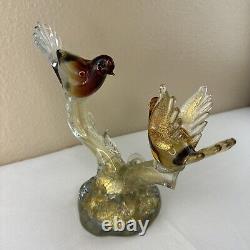 Vtg Murano Art Glass Love Birds on a Branch Sculpture Gold Amber 9T x 9W