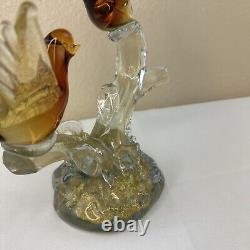 Vtg Murano Art Glass Love Birds on a Branch Sculpture Gold Amber 9T x 9W