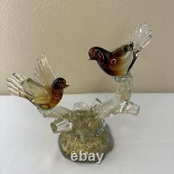 Vtg Murano Art Glass Love Birds on a Branch Sculpture Gold Amber 9T x 9W