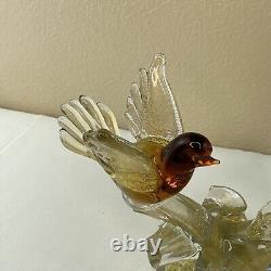 Vtg Murano Art Glass Love Birds on a Branch Sculpture Gold Amber 9T x 9W