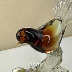 Vtg Murano Art Glass Love Birds on a Branch Sculpture Gold Amber 9T x 9W