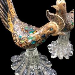 Vtg Murano Art Glass Pheasant Pair Bird Figurines Jeweled Gold Leaf Clear