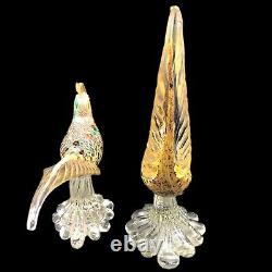 Vtg Murano Art Glass Pheasant Pair Bird Figurines Jeweled Gold Leaf Clear