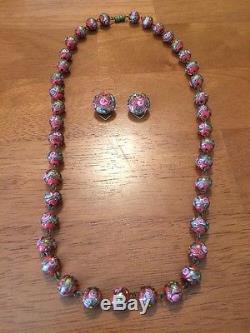 Vtg Murano Aventurine Wedding Cake Millefiori Glass Bead Necklace & Earrings Set