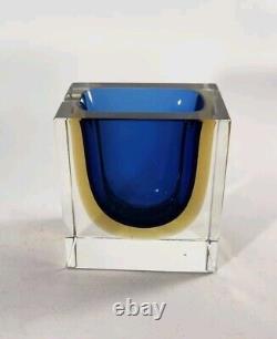 Vtg Murano Flavio Poli Sommerso Art Glass Crystal Blue Yellow Mid Cent Ashtray