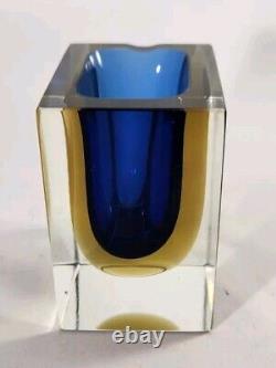 Vtg Murano Flavio Poli Sommerso Art Glass Crystal Blue Yellow Mid Cent Ashtray