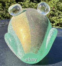 Vtg Murano Gamboro & Poggi Scavo Frosted Glass Frog with Gold & Black Signed