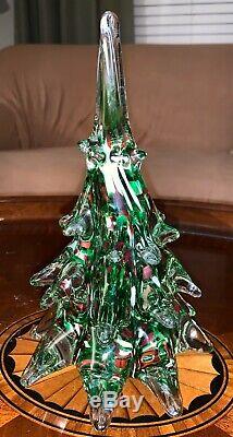 Vtg Murano Glass Hand Blown Christmas Pine Tree Clear Red White Green 9.5