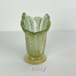 Vtg Murano Glass Vase Barovier Toso Cordonato d'Oro Gold Green Italy Fan 4in