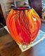 Vtg Murano Glass Vase Red, Orange & Black Swirled, Pulled Feather Handblown 10