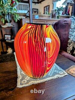 Vtg Murano Glass Vase Red, Orange & Black Swirled, Pulled Feather Handblown 10