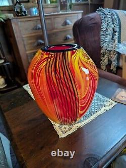 Vtg Murano Glass Vase Red, Orange & Black Swirled, Pulled Feather Handblown 10