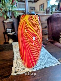 Vtg Murano Glass Vase Red, Orange & Black Swirled, Pulled Feather Handblown 10