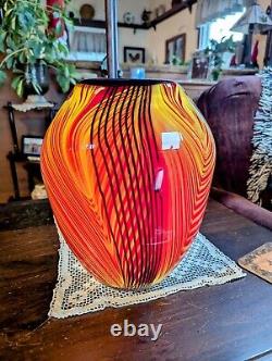 Vtg Murano Glass Vase Red, Orange & Black Swirled, Pulled Feather Handblown 10