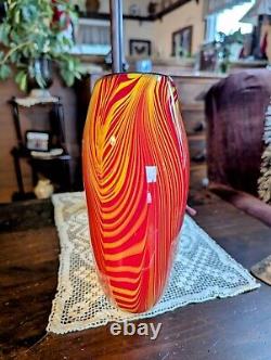 Vtg Murano Glass Vase Red, Orange & Black Swirled, Pulled Feather Handblown 10