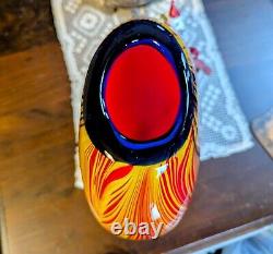 Vtg Murano Glass Vase Red, Orange & Black Swirled, Pulled Feather Handblown 10