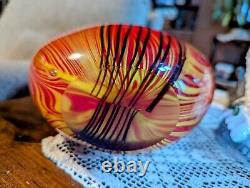 Vtg Murano Glass Vase Red, Orange & Black Swirled, Pulled Feather Handblown 10