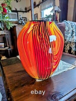 Vtg Murano Glass Vase Red, Orange & Black Swirled, Pulled Feather Handblown 10