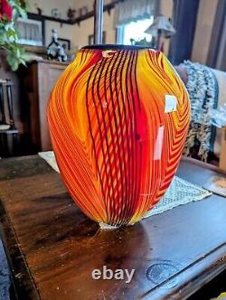 Vtg Murano Glass Vase Red, Orange & Black Swirled, Pulled Feather Handblown 10