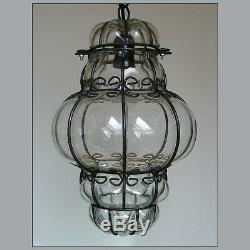 Vtg Murano Hand Blown Caged Glass Venetian Lantern Hanging Ceiling Light Lamp