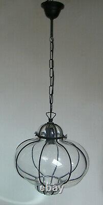 Vtg Murano Hand Blown Caged Glass Venetian Lantern Hanging Ceiling Light Lamp