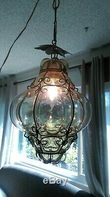 Vtg Murano Hand Blown Caged Glass Venetian Lantern Hanging Ceiling Light Lamp 2