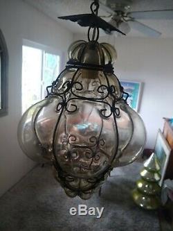 Vtg Murano Hand Blown Caged Glass Venetian Lantern Hanging Ceiling Light Lamp 2