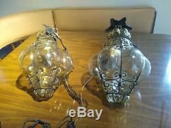 Vtg Murano Hand Blown Caged Glass Venetian Lantern Hanging Ceiling Light Lamp 2