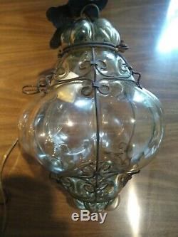 Vtg Murano Hand Blown Caged Glass Venetian Lantern Hanging Ceiling Light Lamp 2