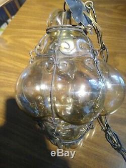 Vtg Murano Hand Blown Caged Glass Venetian Lantern Hanging Ceiling Light Lamp 2