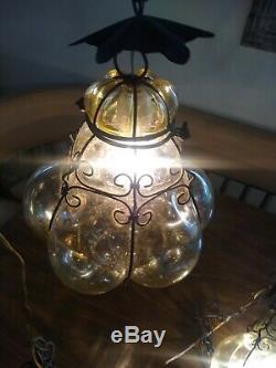 Vtg Murano Hand Blown Caged Glass Venetian Lantern Hanging Ceiling Light Lamp 2