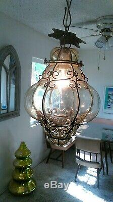 Vtg Murano Hand Blown Caged Glass Venetian Lantern Hanging Ceiling Light Lamp 2