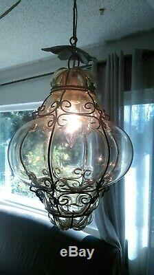 Vtg Murano Hand Blown Caged Glass Venetian Lantern Hanging Ceiling Light Lamp 2