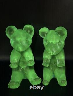 Vtg Murano Hand Blown Glass Bears (2) Teal Blue Green UV Reactive Italy Labeled