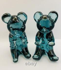 Vtg Murano Hand Blown Glass Bears (2) Teal Blue Green UV Reactive Italy Labeled